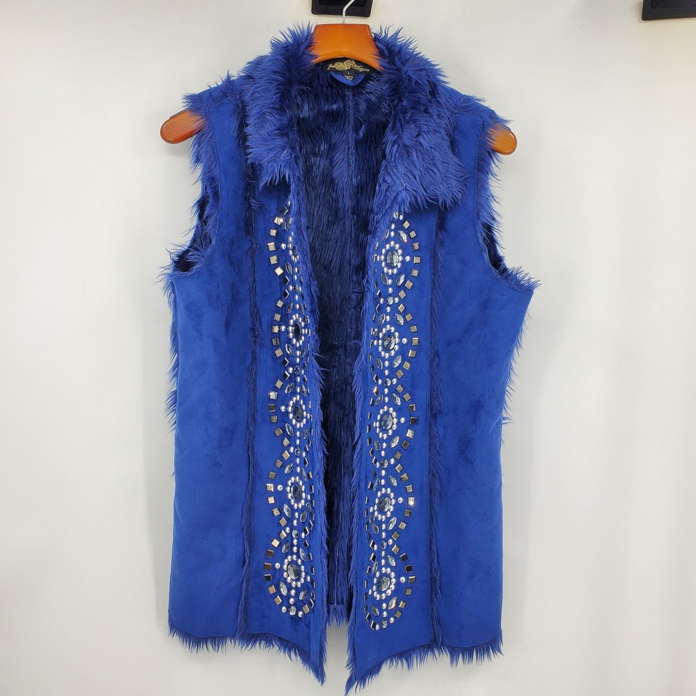 Joan Boyce Blue Faux Fur Suede Embellished Rhinestone Vest L Y2K Boho Western